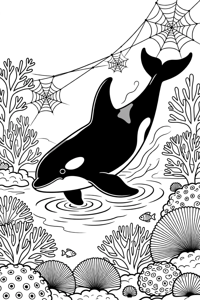 An orca swimming through a coral reef, with delicate spider webs strung between branches.
