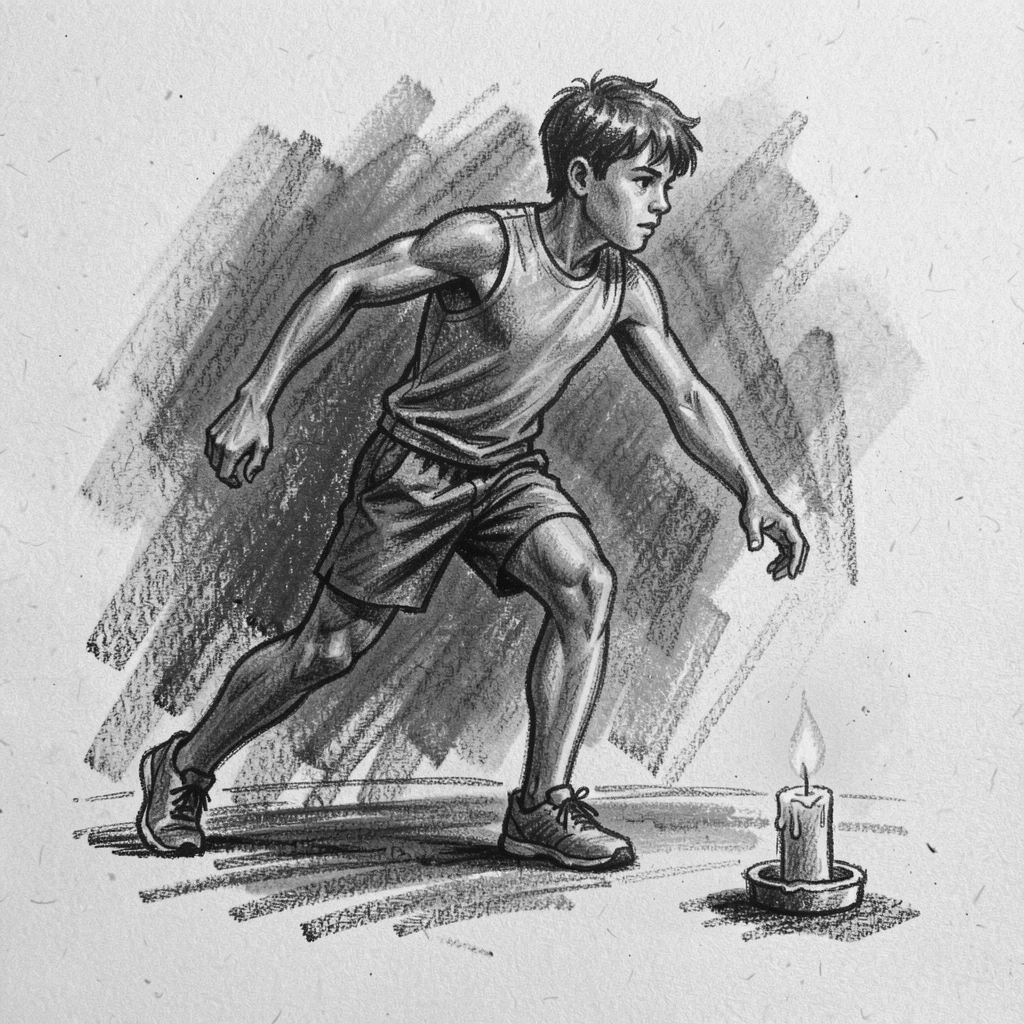 A young athlete training alone before sunrise, determined, as soft candlelight flickers nearby.