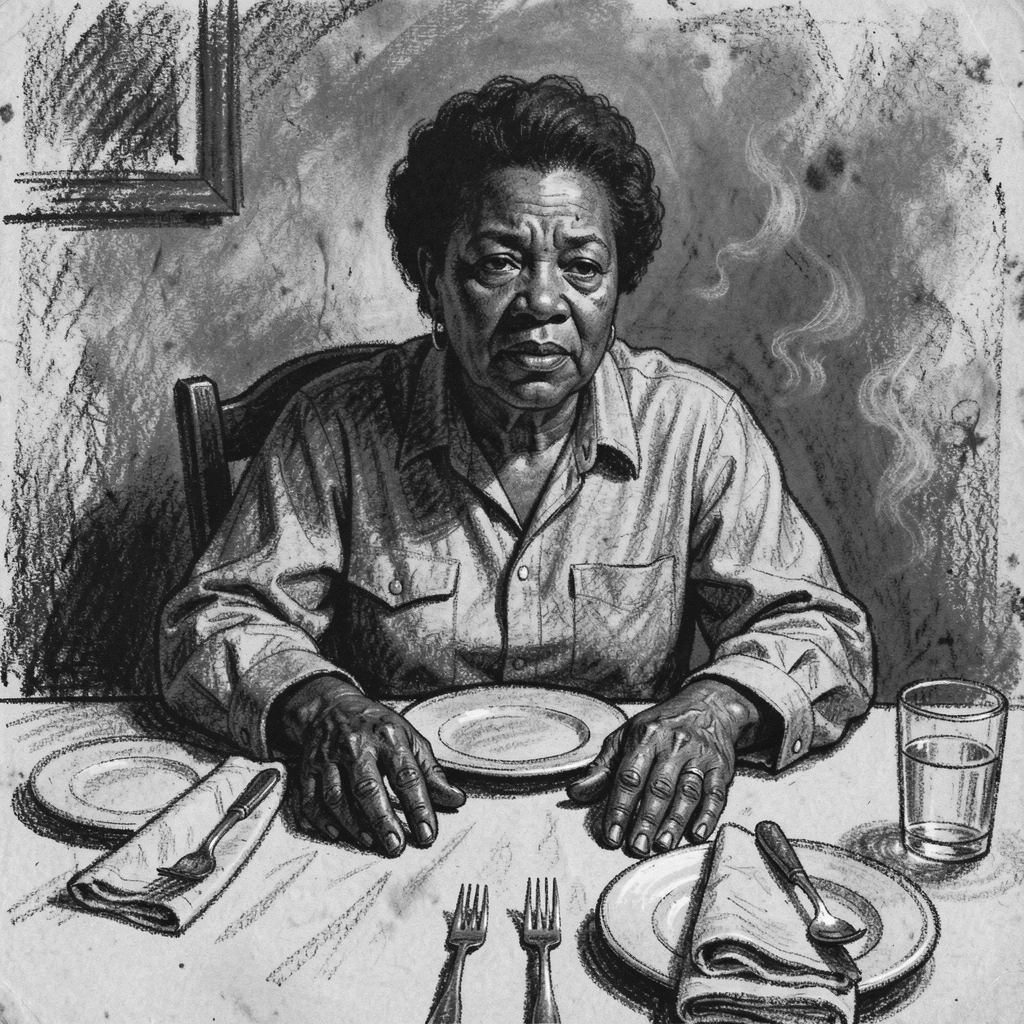 A jazz singer resting after a hard day's work, hands calloused and proud, at a family dinner table.
