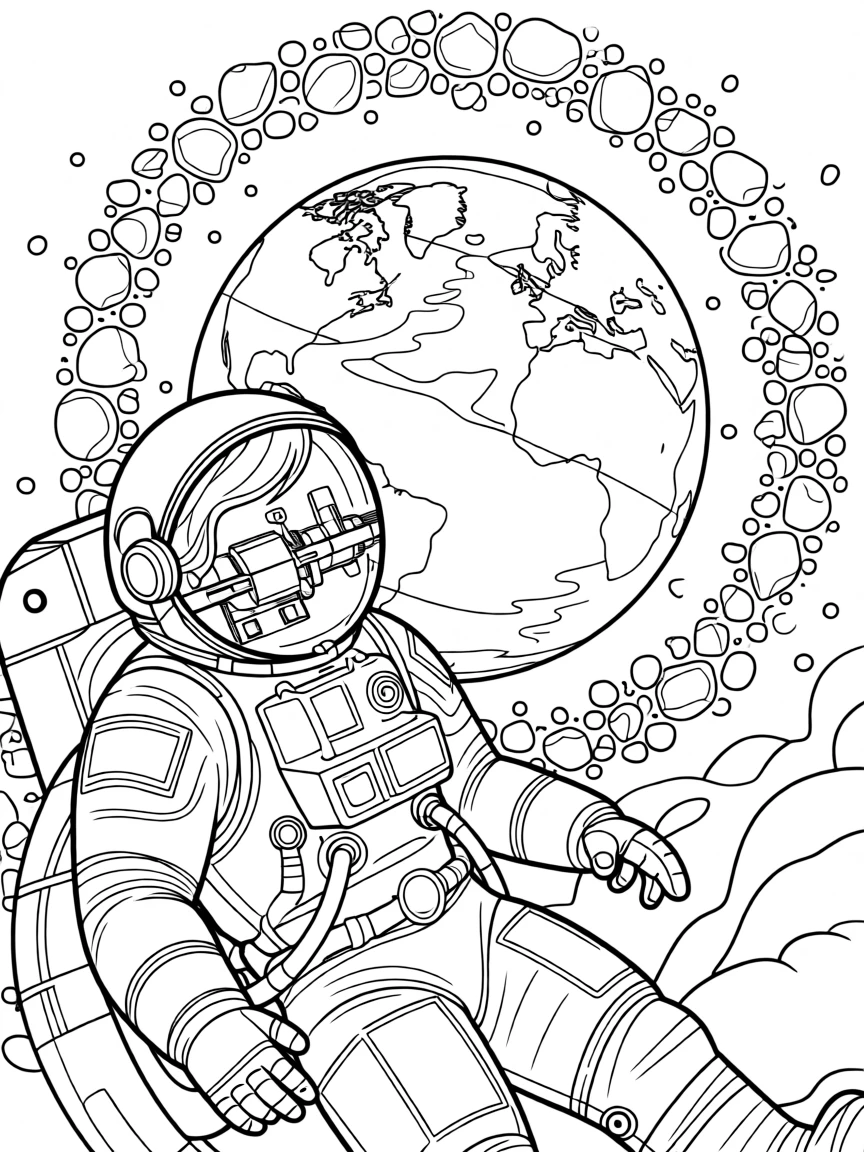 An astronaut floating outside a space station with Earth in view, with rings of ice and rock circling nearby.