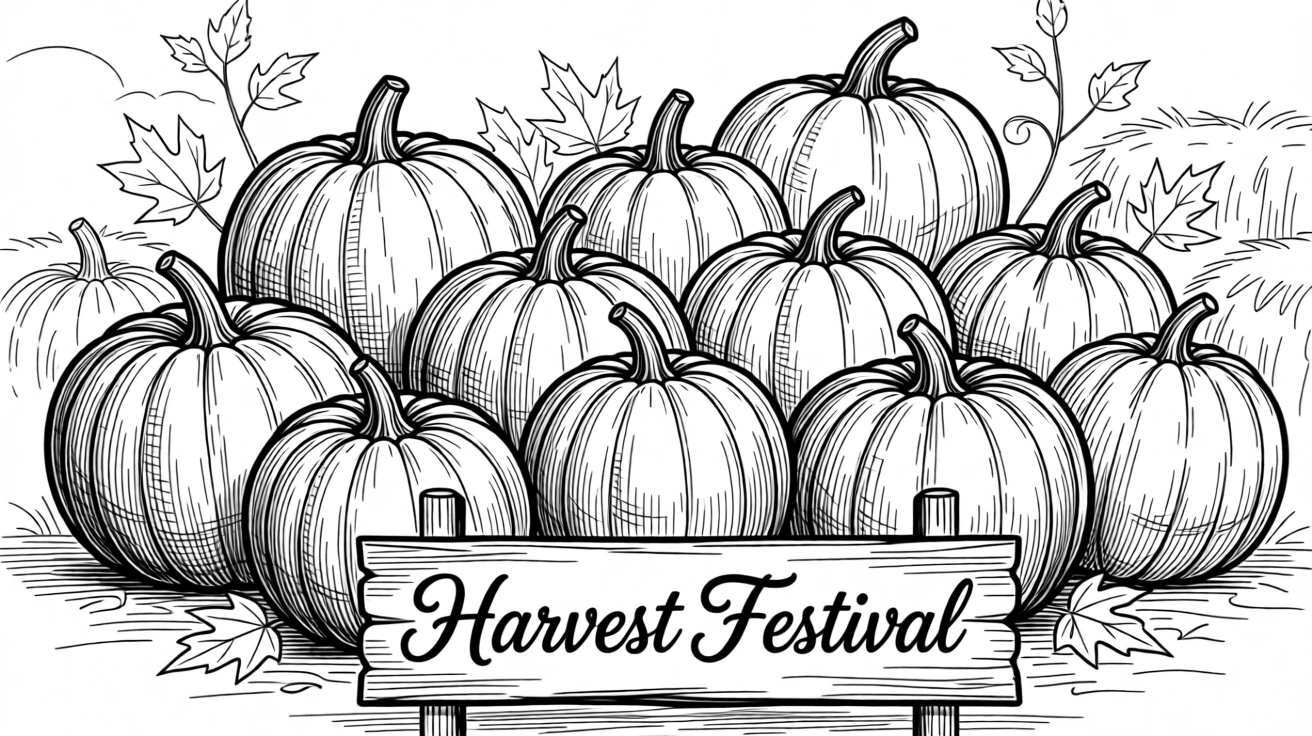 A festive harvest festival with pumpkins arranged in a colorful display.
