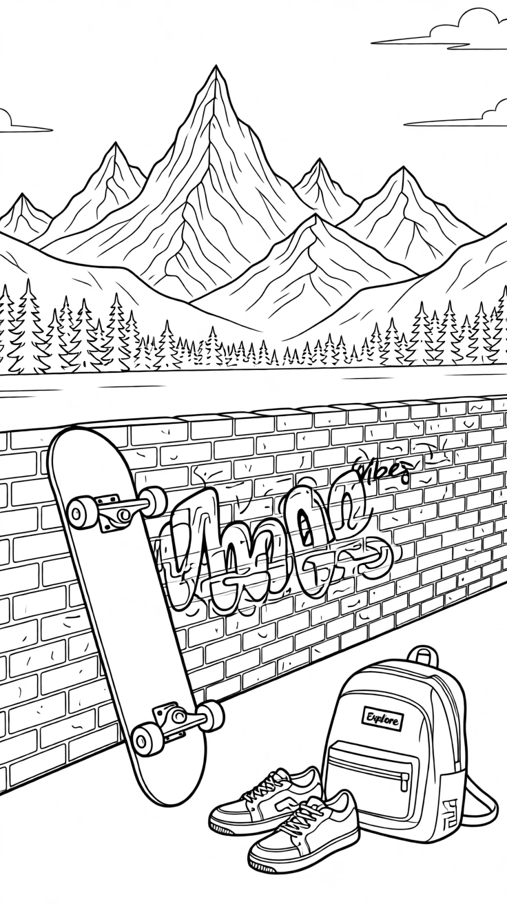 A skateboard resting against a graffiti-covered wall, with mountains rising dramatically in the background.