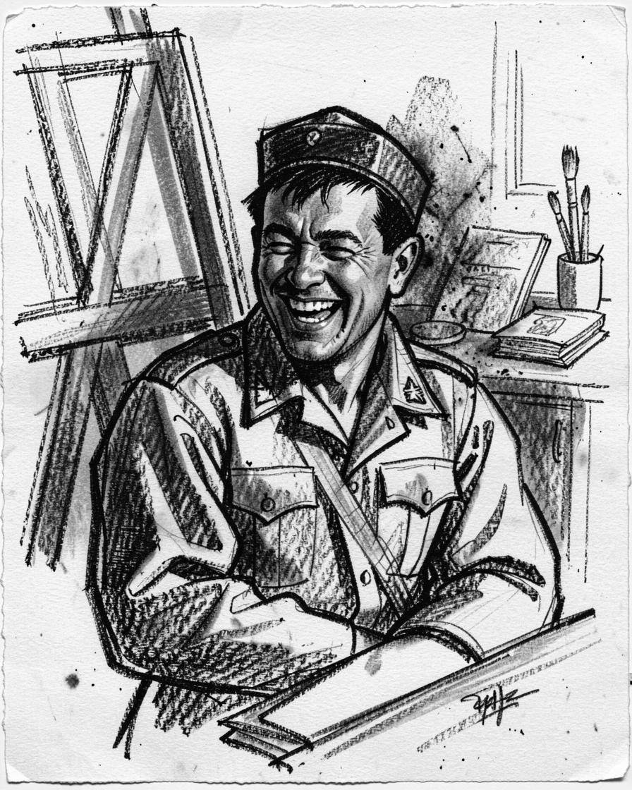A soldier returning home caught mid-laugh at a shared joke, in an artist's studio.