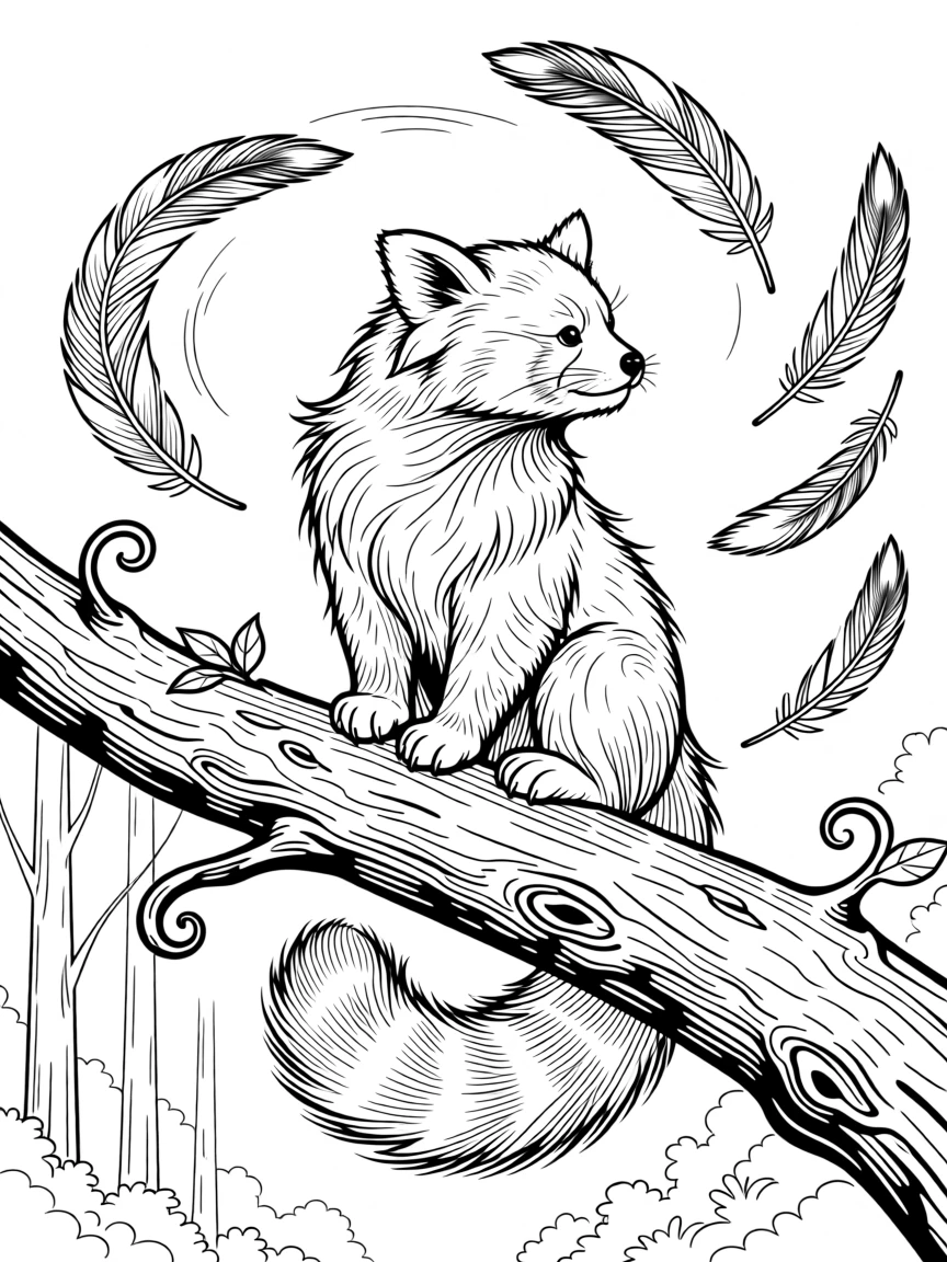 A red panda sitting on a weathered tree branch, with dramatic feather detail catching the wind.