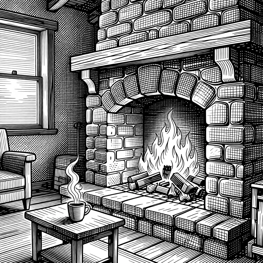 A fireplace crackling in a quiet cottage room beneath a sky painted in soft pastel hues, with the gentle curl of steam from a warm drink, evoking a warmly comforting sense of calm.