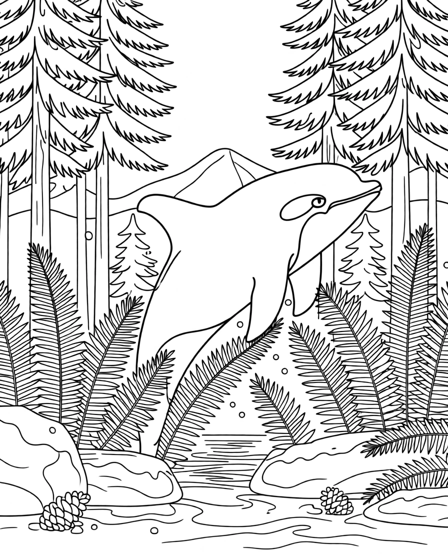 An orca emerging from a snowy pine forest, surrounded by tall ferns and moss-covered stones.