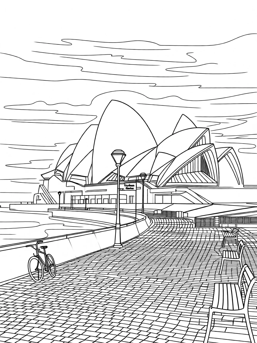 The Sydney Opera House silhouetted against a pink sunset, with cobblestone streets stretching into the distance.