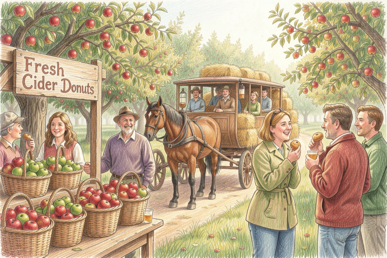 A rustic apple orchard festival with cider donuts and hayrides, with soft, natural light bringing warmth to every detail, evoking nostalgia and a deep sense of contentment.