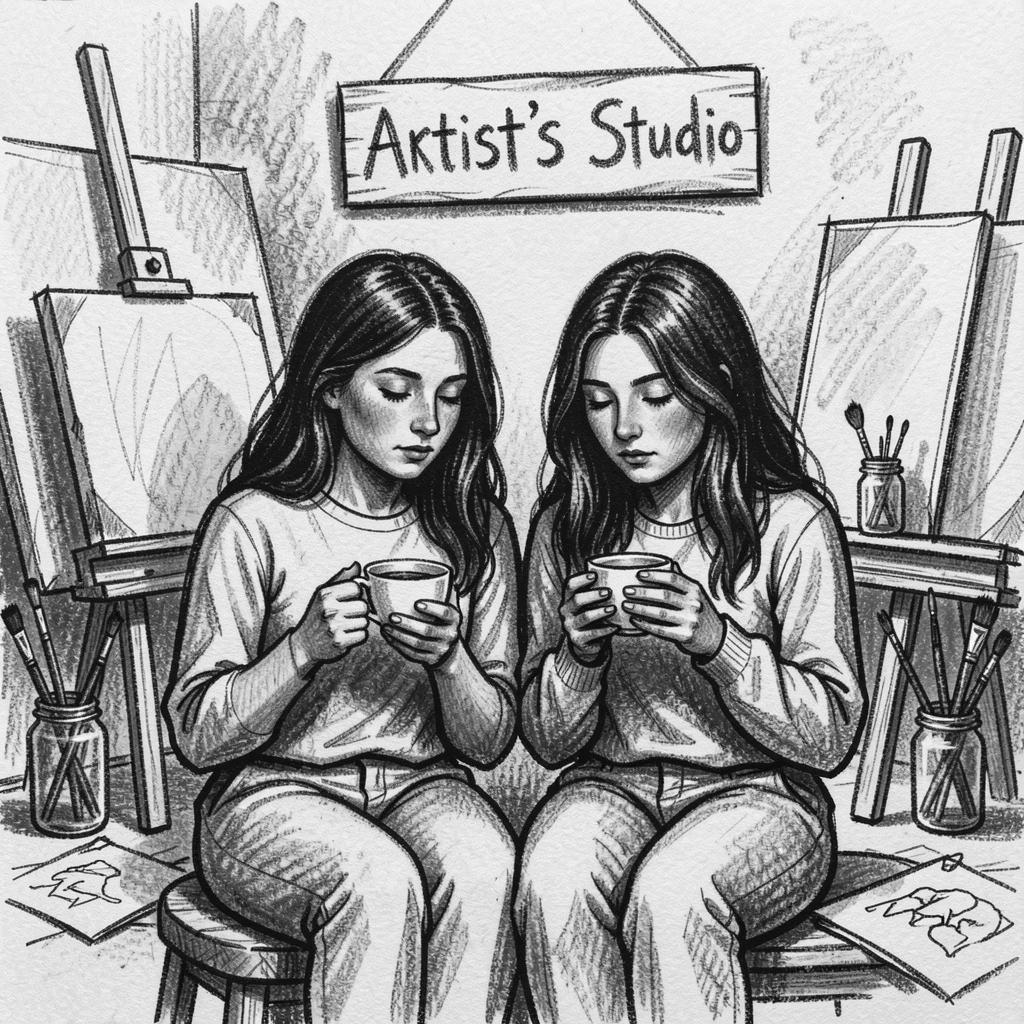 Twin sisters holding a cup of tea with both hands, lost in memory, in an artist's studio.