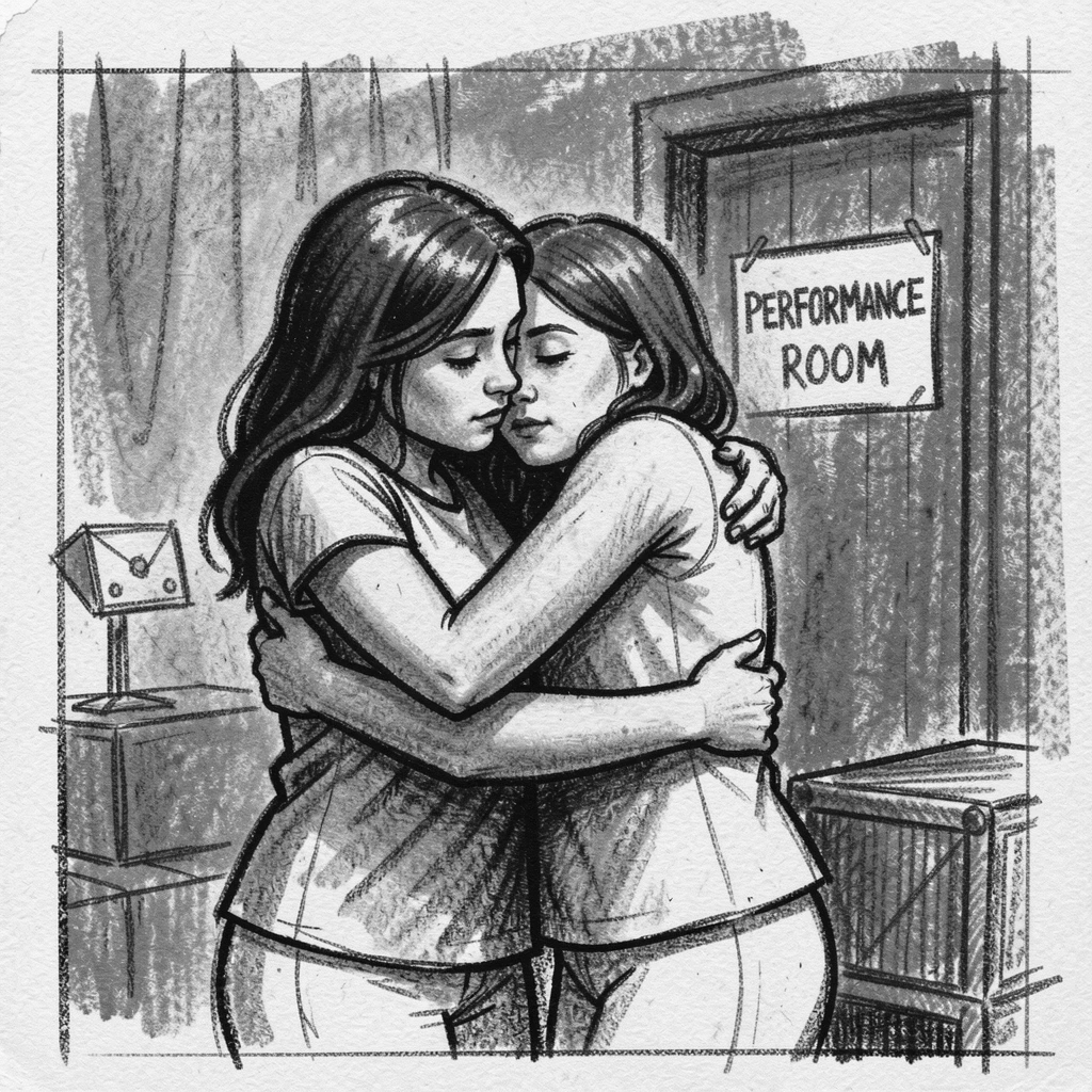 A young mother embracing a loved one after a long separation, backstage before a performance.