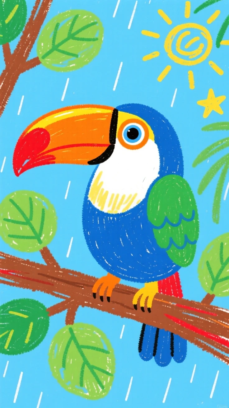 A colorful toucan perched on a rainforest branch.