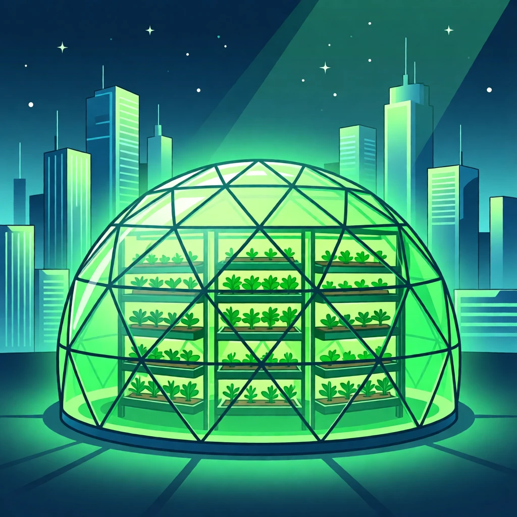 A futuristic greenhouse dome glowing green with vertical farming, surrounded by a glowing futuristic cityscape, composed with clean lines and a modern minimalist balance, with a subtle sense of wonder about future possibilities.