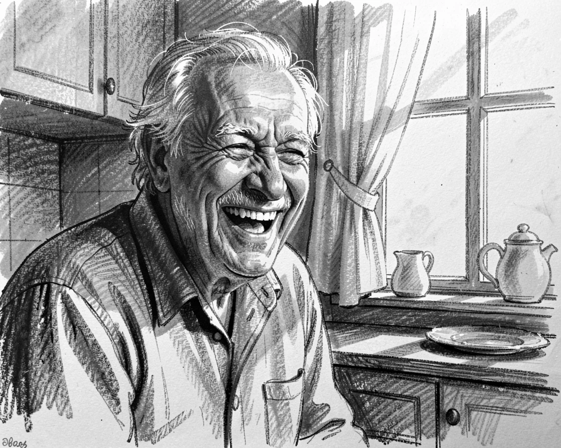 A grandfather laughing with pure joy, eyes crinkled with happiness, in a sunlit kitchen.
