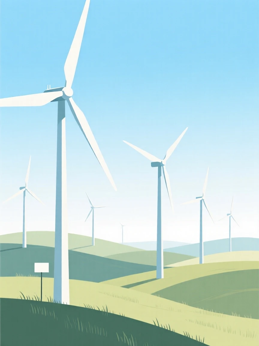 A wind farm with towering turbines spinning against a bright sky.