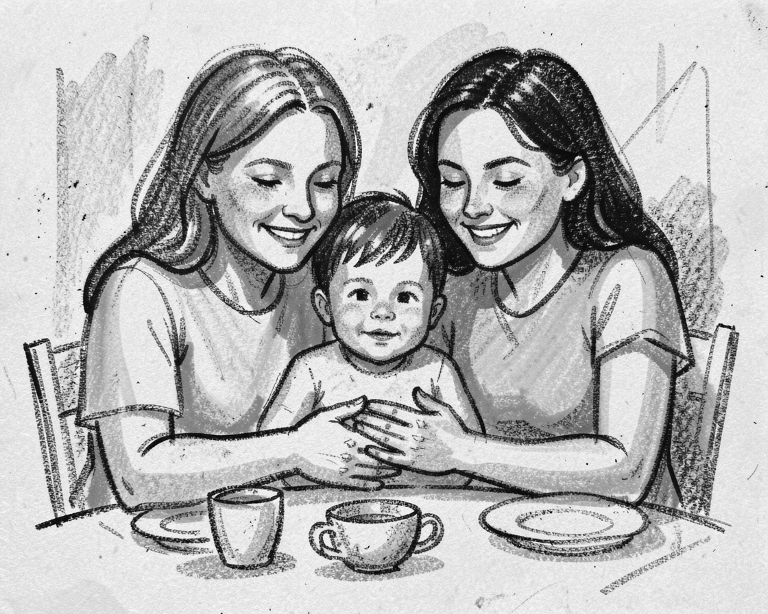 Twin sisters smiling gently while cradling a small child, at a family dinner table.