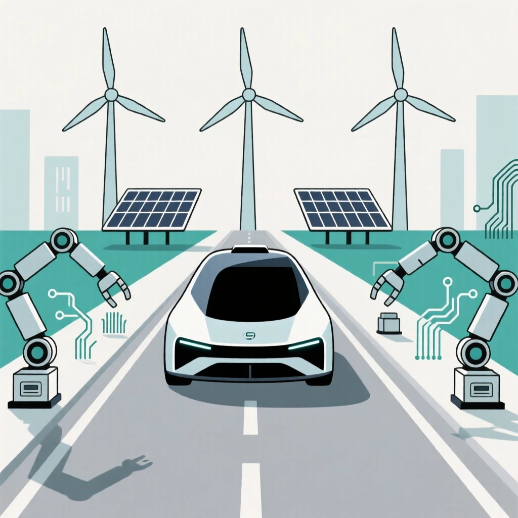 A sleek autonomous vehicle on a city street placed in a renewable energy field, surrounded by precision robotic components, conveying calm technological harmony.