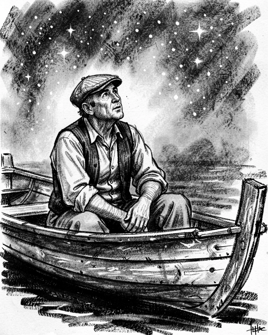 A tailor looking up at the stars with wonder, in an old wooden rowboat.