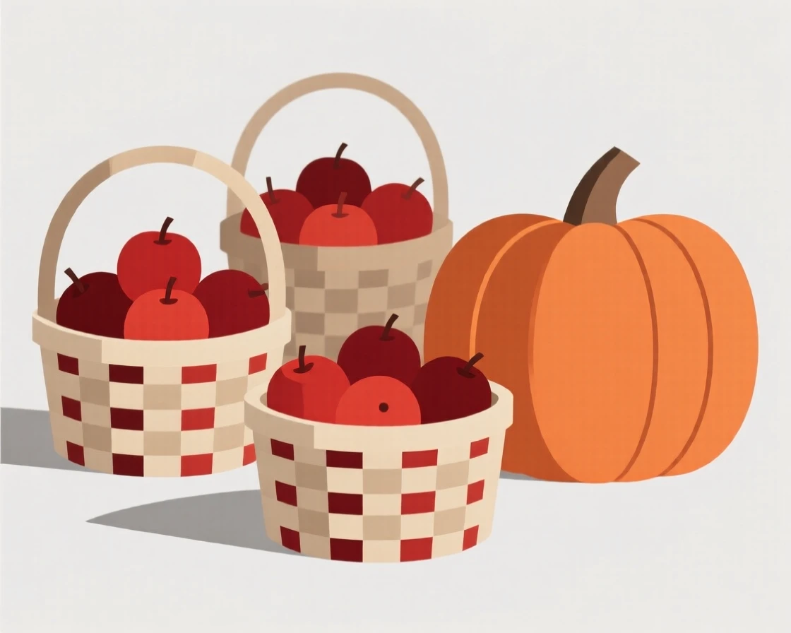 A harvest scene with baskets of apples and pumpkins