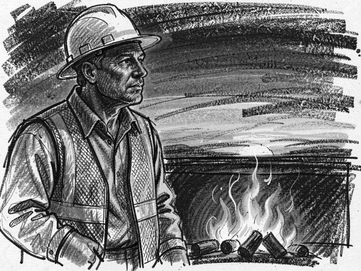 A construction worker gazing thoughtfully into the distance at sunset, beside a crackling fireplace.