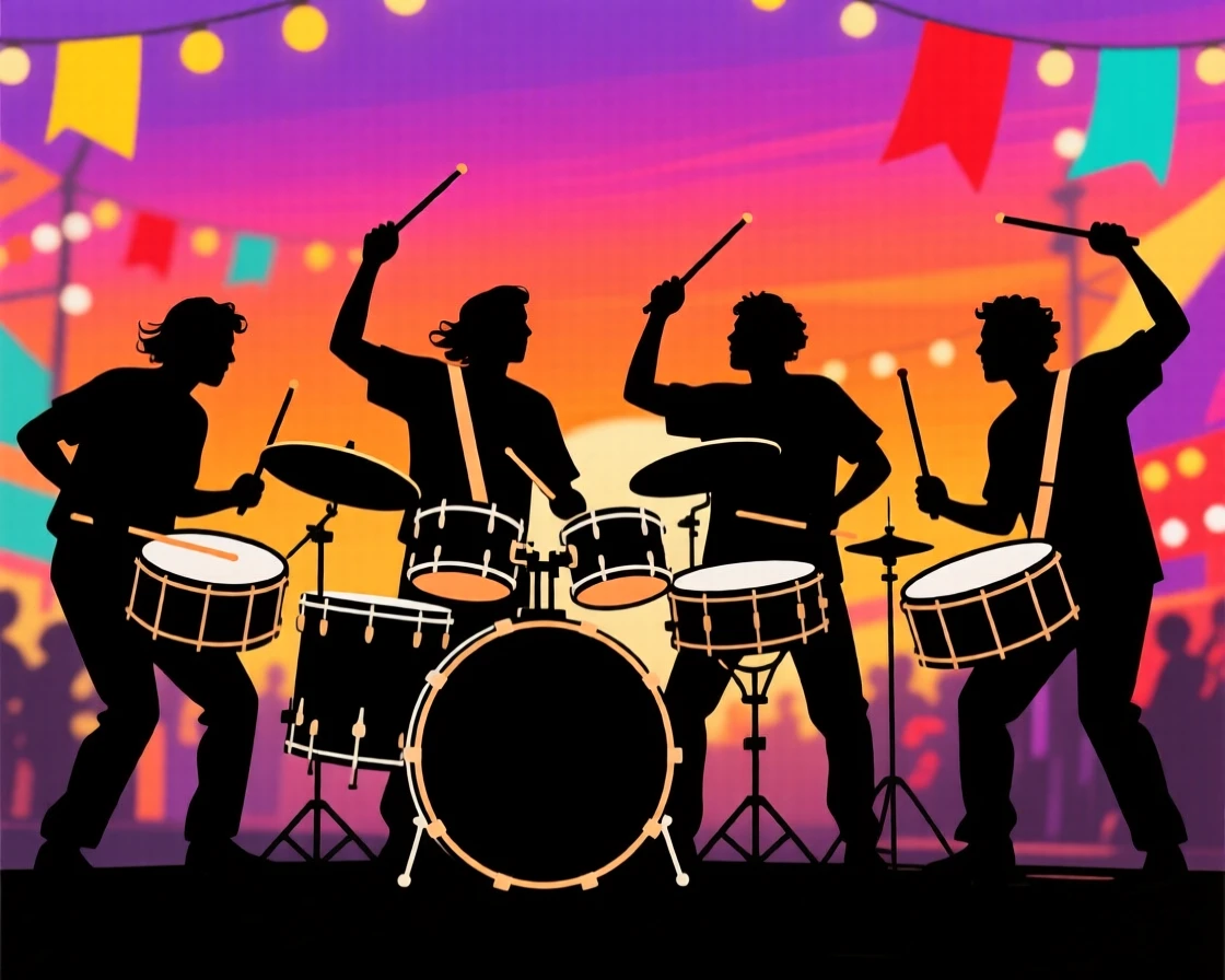 A group of drummers performing together at a vibrant street festival.