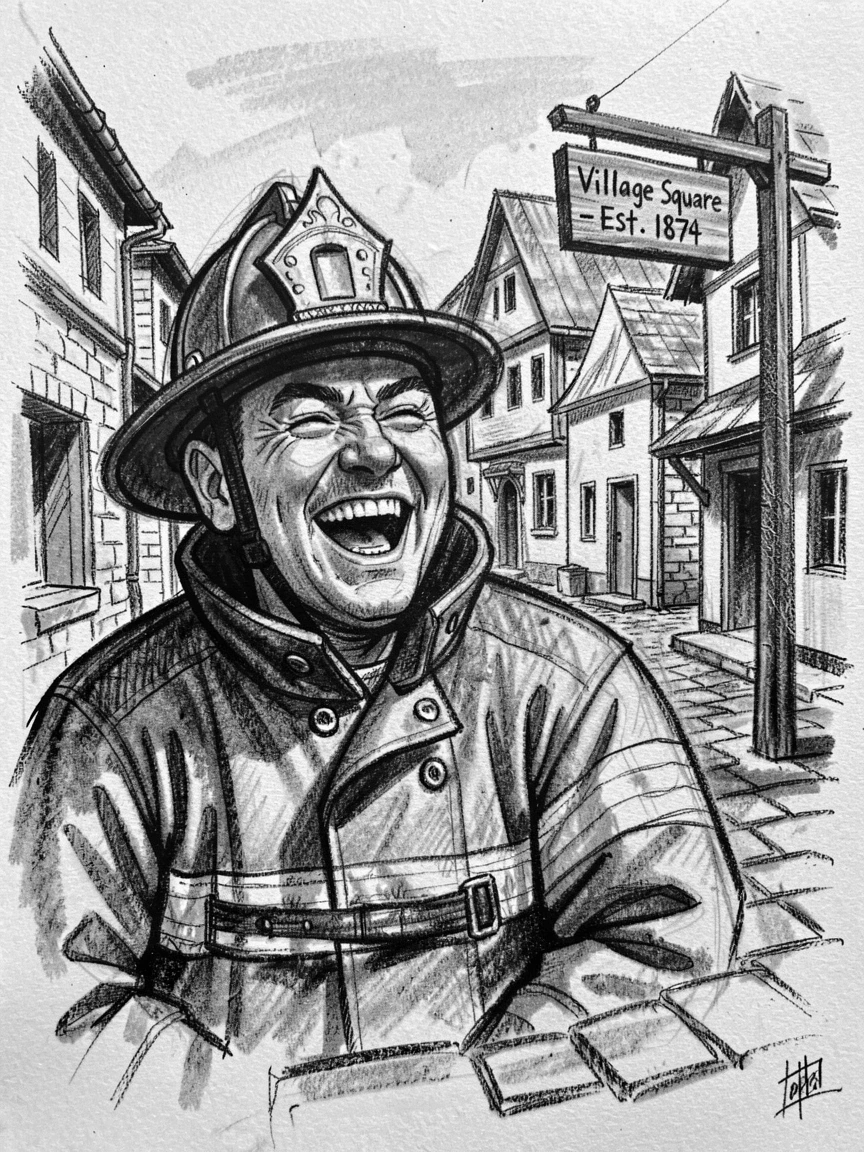 A firefighter laughing with pure joy, eyes crinkled with happiness, in a small village square.