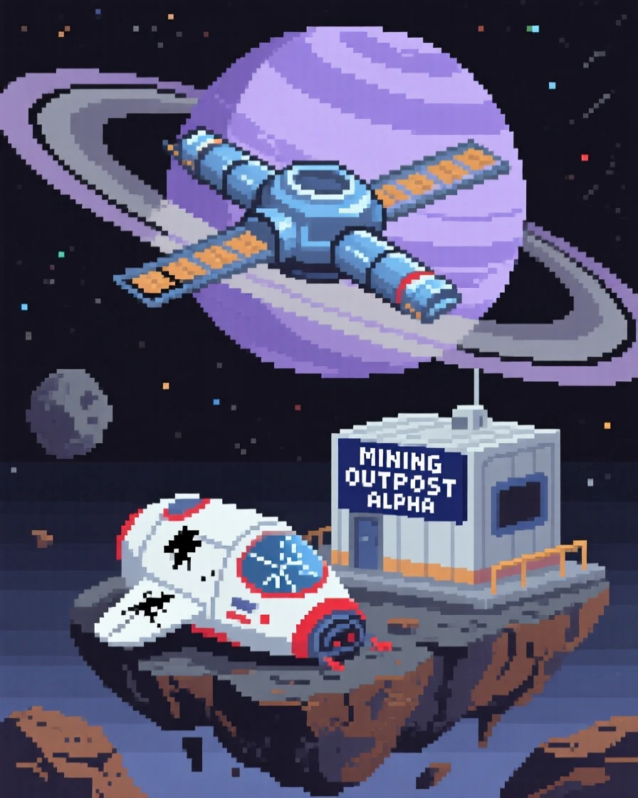 A space station orbiting a ringed planet resting beside a crashed but harmless spacecraft, on a floating asteroid mining outpost.