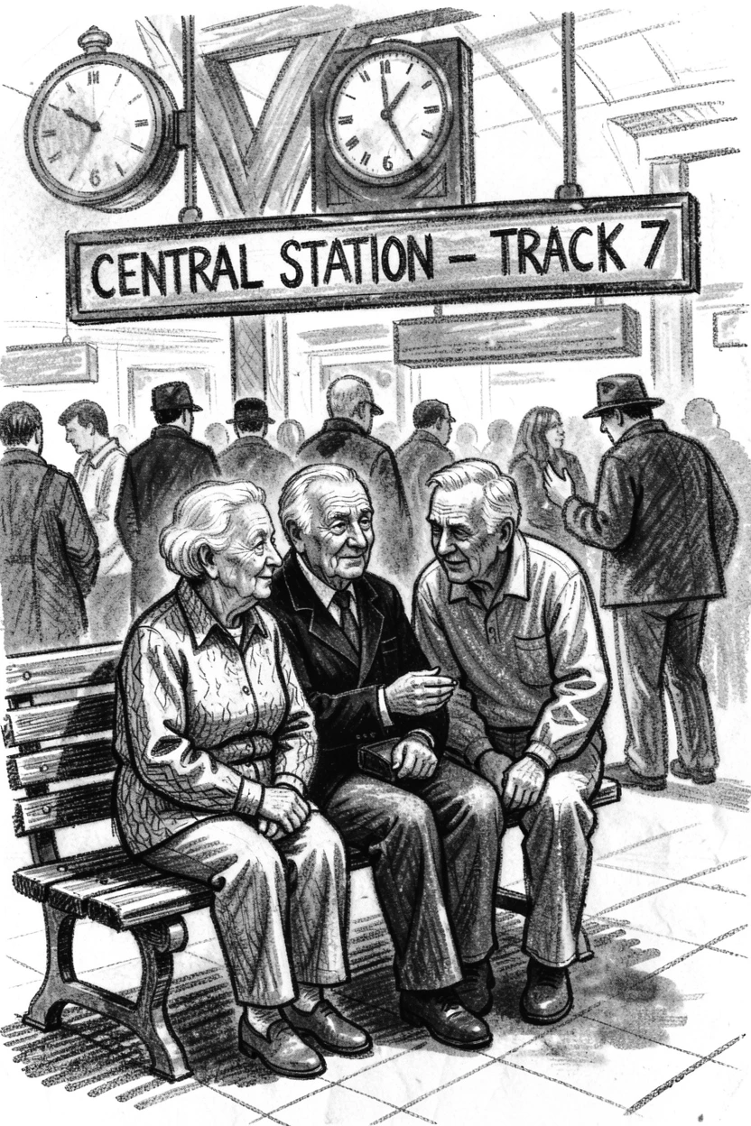 An elderly couple sharing a quiet moment of connection with an old friend, at a busy train station.