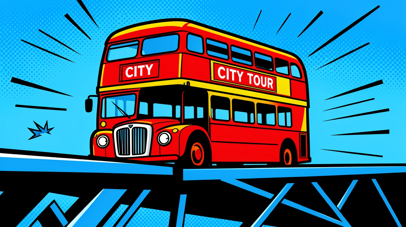 A classic double-decker bus crossing a bridge