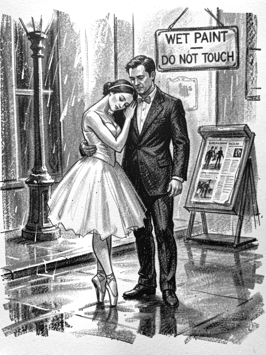 A ballet dancer resting their head on a partner's shoulder, on a rainy street corner.