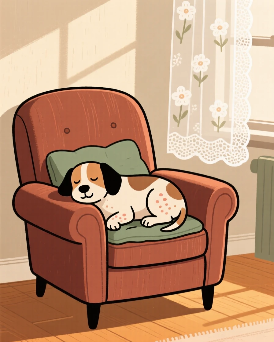 Morning light spills across a cozy living room filled with vintage furniture and lace curtains, where a old dog naps peacefully on the armchair cushion.