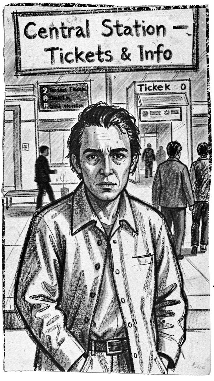 A street musician looking directly at the viewer with quiet determination, at a busy train station.