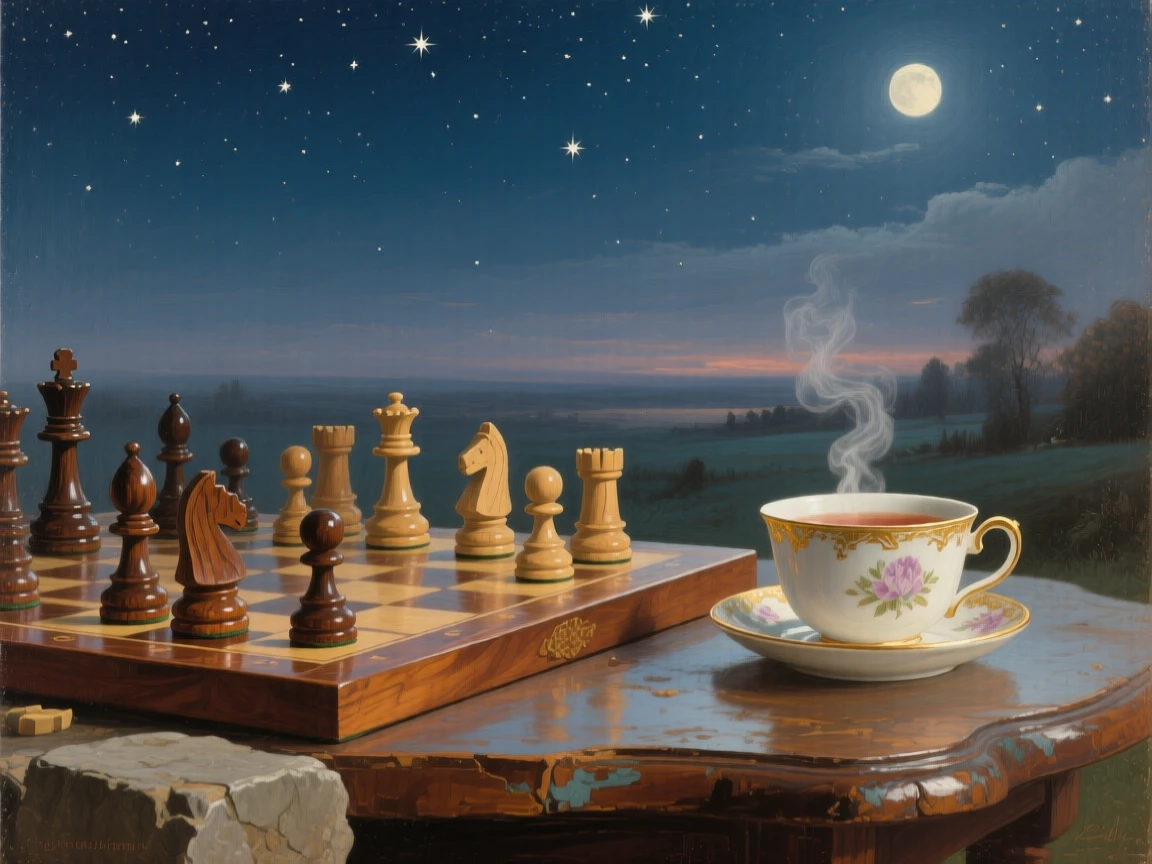A detailed close shot of a wooden chessboard mid-game beside a cup of tea, under a canopy of stars, in the early 19th century.