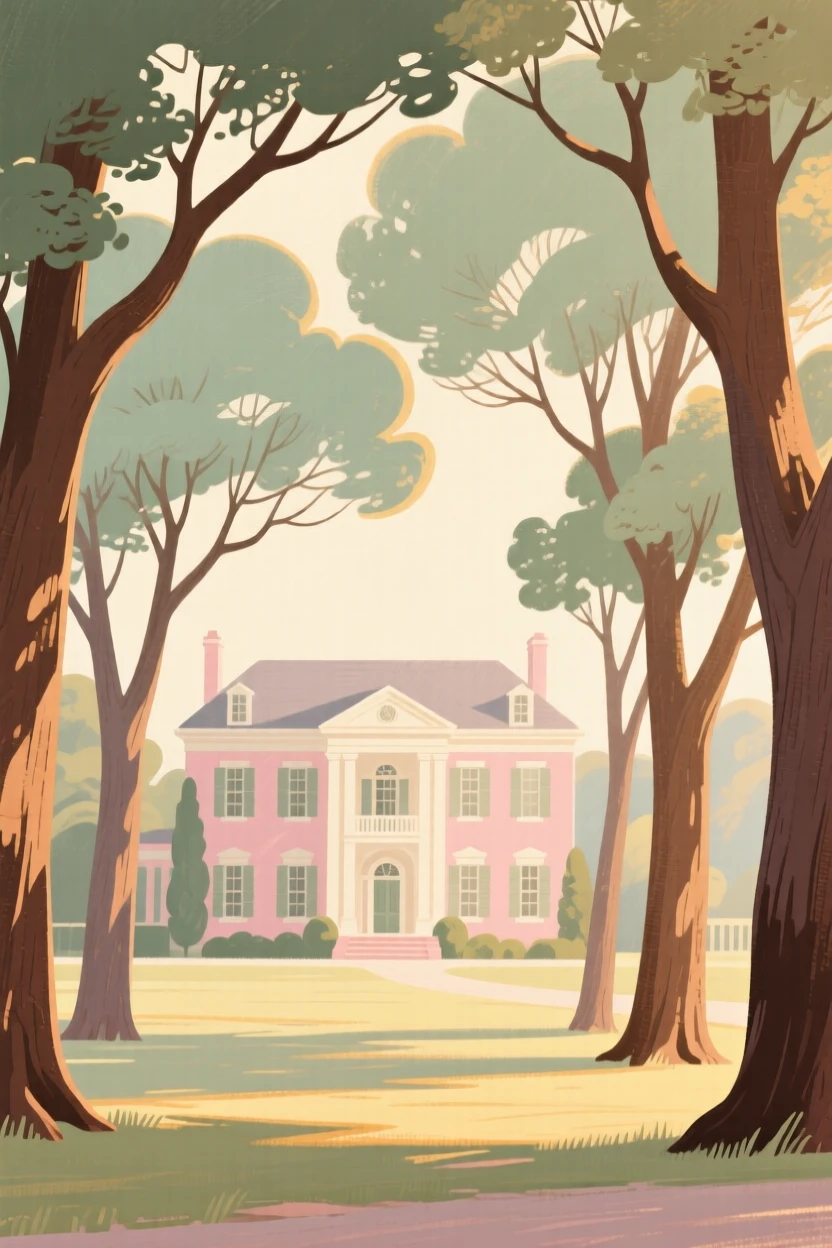 A grand manor house framed by an avenue of ancient oak trees