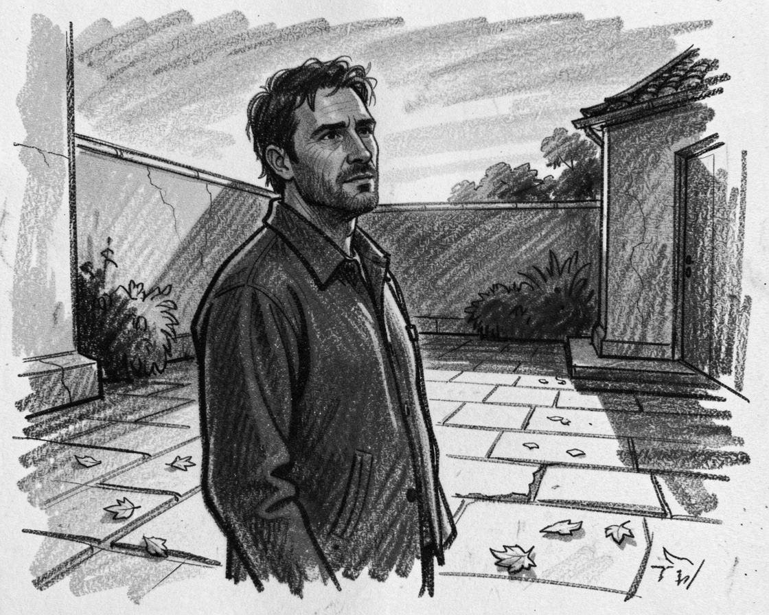 A father gazing thoughtfully into the distance at sunset, in a peaceful courtyard.