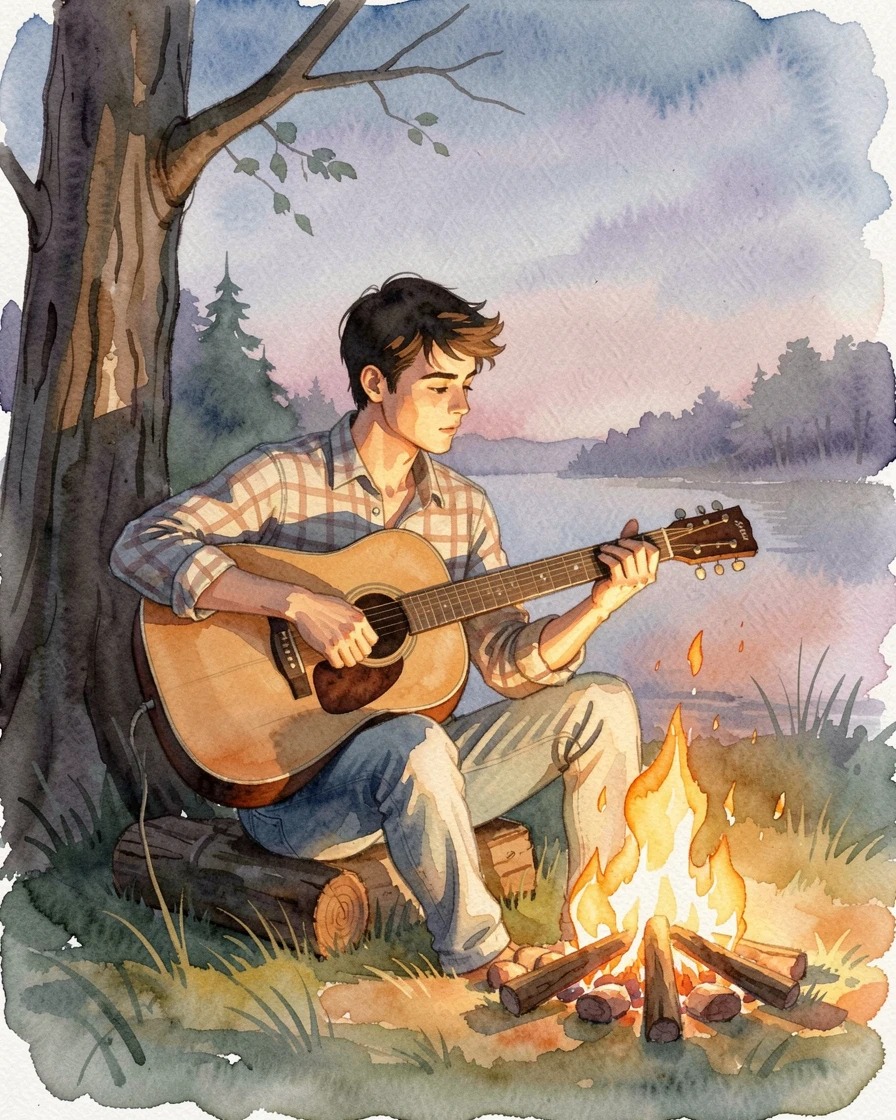A young man playing guitar around a campfire with gentle shadows and warm tones.