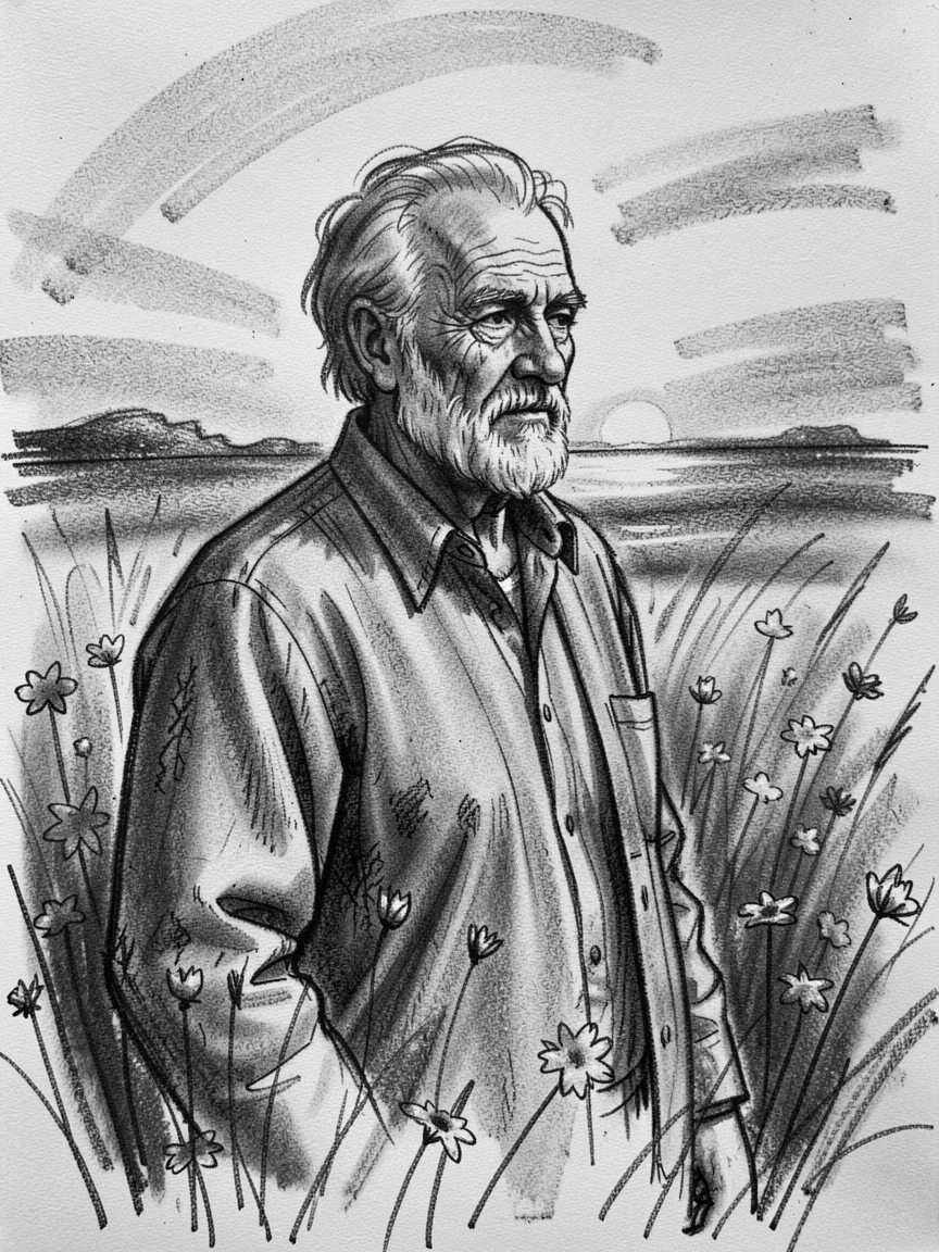 A grandfather gazing thoughtfully into the distance at sunset, in a flower-filled meadow.