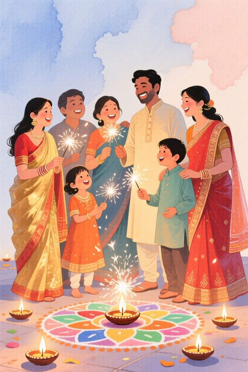 A joyful scene of a Diwali celebration, with family and friends gathered closely, capturing the warmth of the celebration