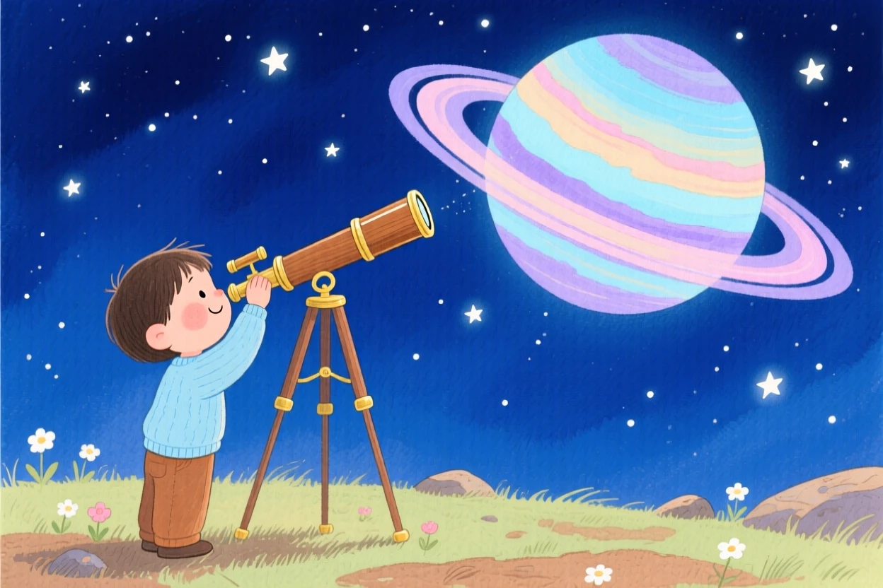 A dazzling view of a child looking through a telescope at a ringed planet.