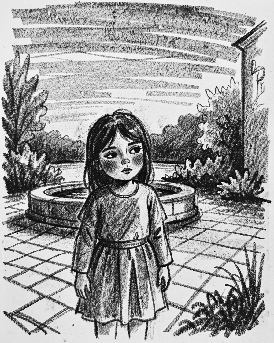 A little girl gazing thoughtfully into the distance at sunset, in a peaceful courtyard.