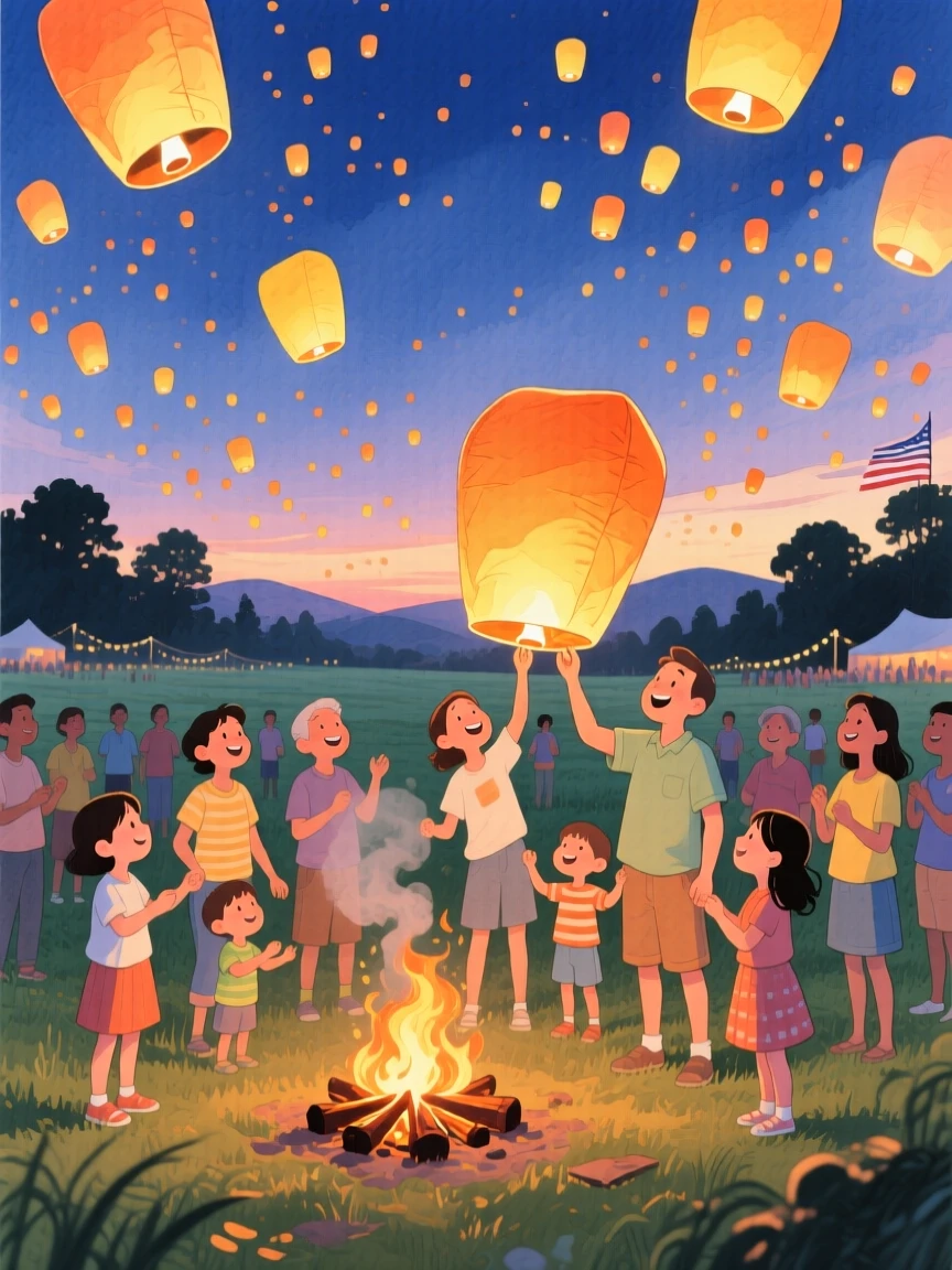 A community lighting sky lanterns during a summer festival, in a field glowing with hundreds of floating lanterns at dusk, with the soft crackle of a nearby fire, evoking collective hope and celebration.