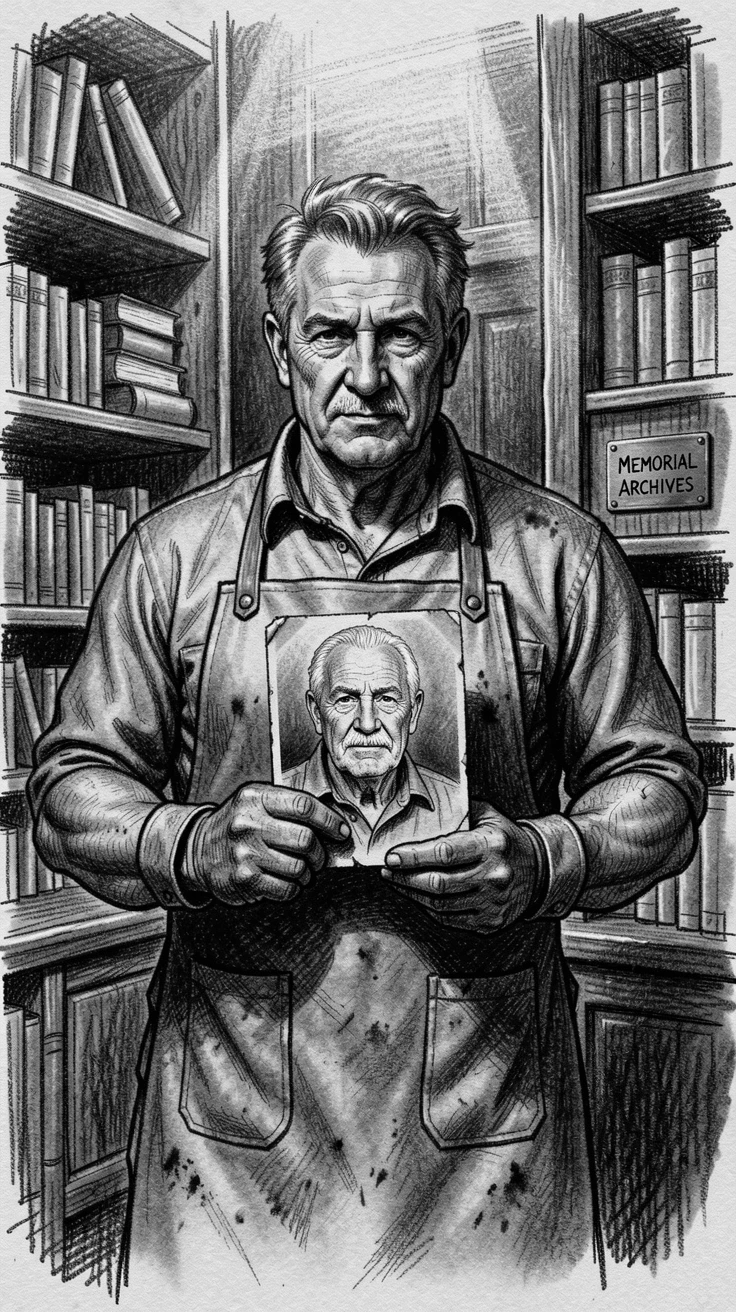 A blacksmith holding a photograph of a departed loved one, in a quiet library.