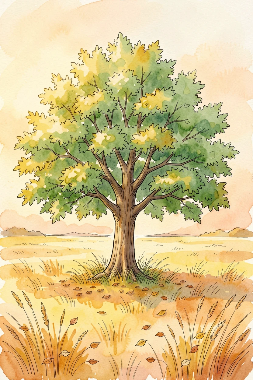 A single tree standing green and full amid a field of autumn gold, warm light framing the scene with gentle optimism.