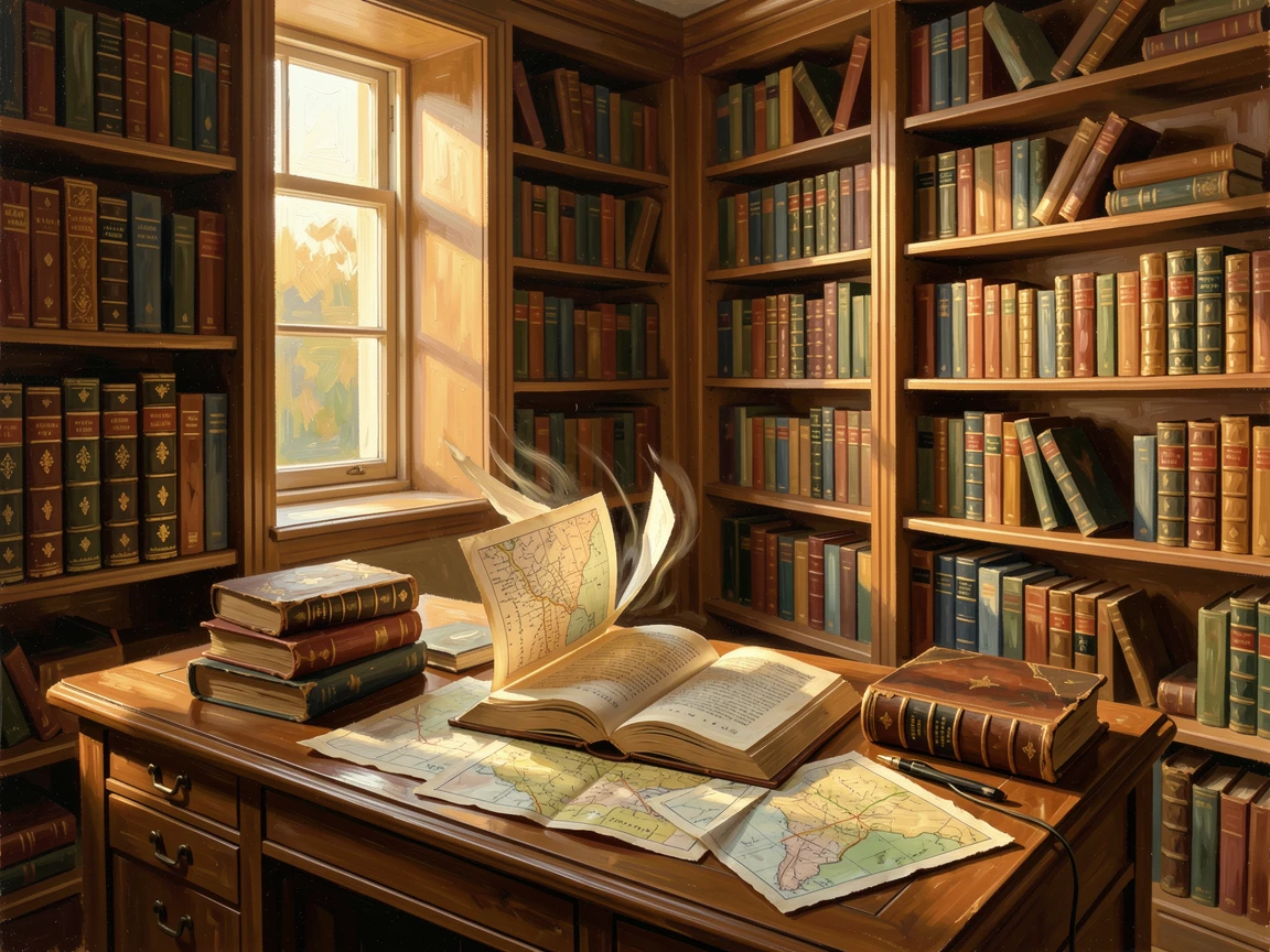 A warmly lit study filled with maps and old books, beside tall bookshelves reaching to the ceiling, pages of an open book fluttering in a gentle breeze, in the soft, golden light of late afternoon.