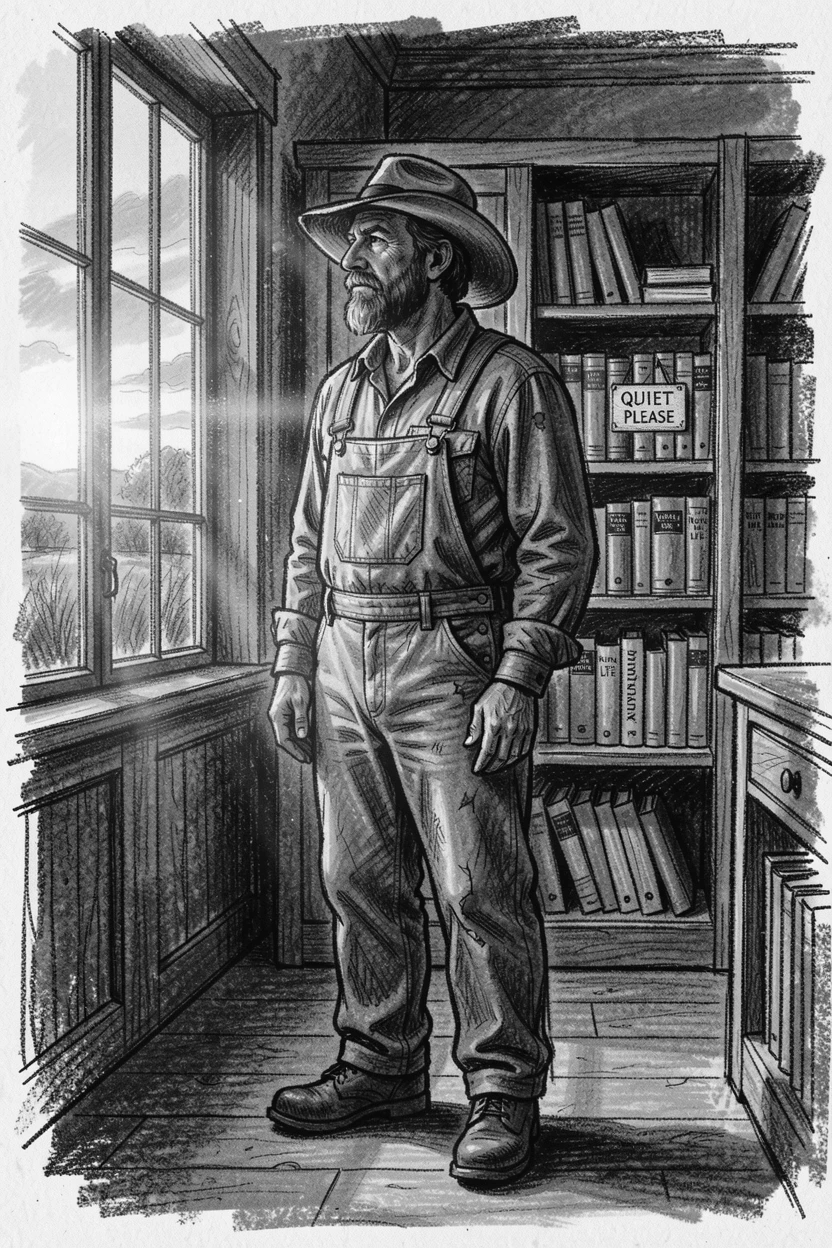 A farmer gazing thoughtfully into the distance at sunset, in a quiet library.