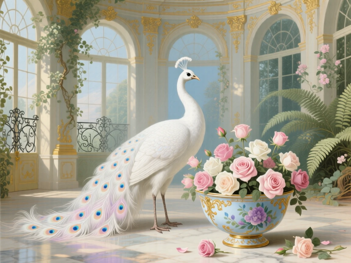 A white peacock standing beside a bowl of roses in a grand conservatory  