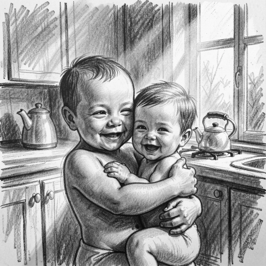A newborn baby smiling gently while cradling a small child, in a sunlit kitchen.