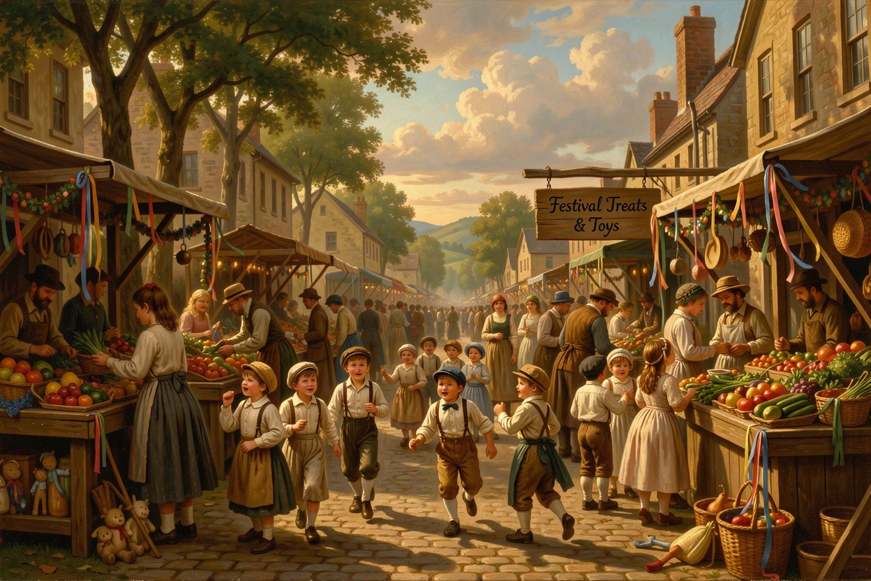 Children fill a bustling market street at the height of a festival.