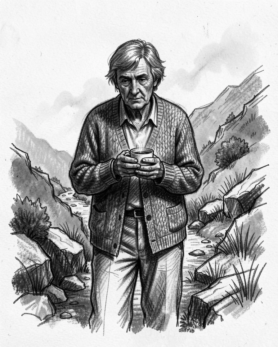 A librarian holding a cup of tea with both hands, lost in memory, on a mountain trail.