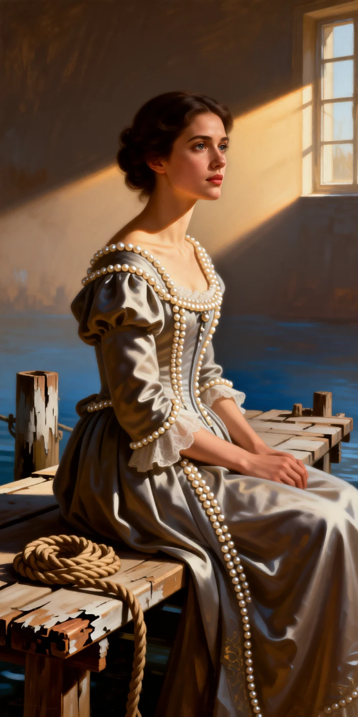 A young noblewoman in a pearl-trimmed gown, gazing thoughtfully out a window turning slightly toward a soft, unseen light, set on a weathered dockside bench beside coiled rope, with a single shaft of light illuminating an expressive face; soft background blur isolates the sitter as the clear focal point, conveying quiet dignity and inner life.
