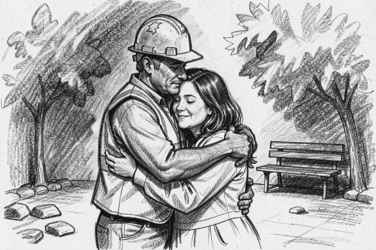 A construction worker embracing a loved one after a long separation, in a peaceful courtyard.